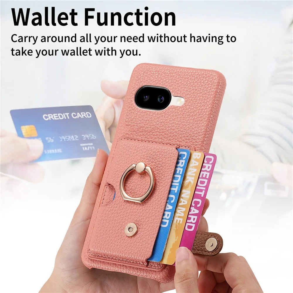 For Google Pixel 10a Leather Phone Back Cover with Card Holder and Ring Kickstand - Pink - 6