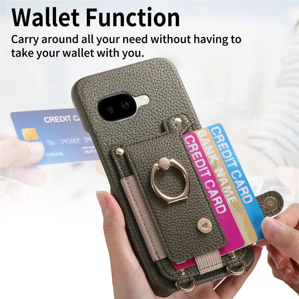 For Google Pixel 10a Case Card Holder Ring Kickstand Leather + PC Phone Cover with Shoulder Strap - Midnight Green - 6