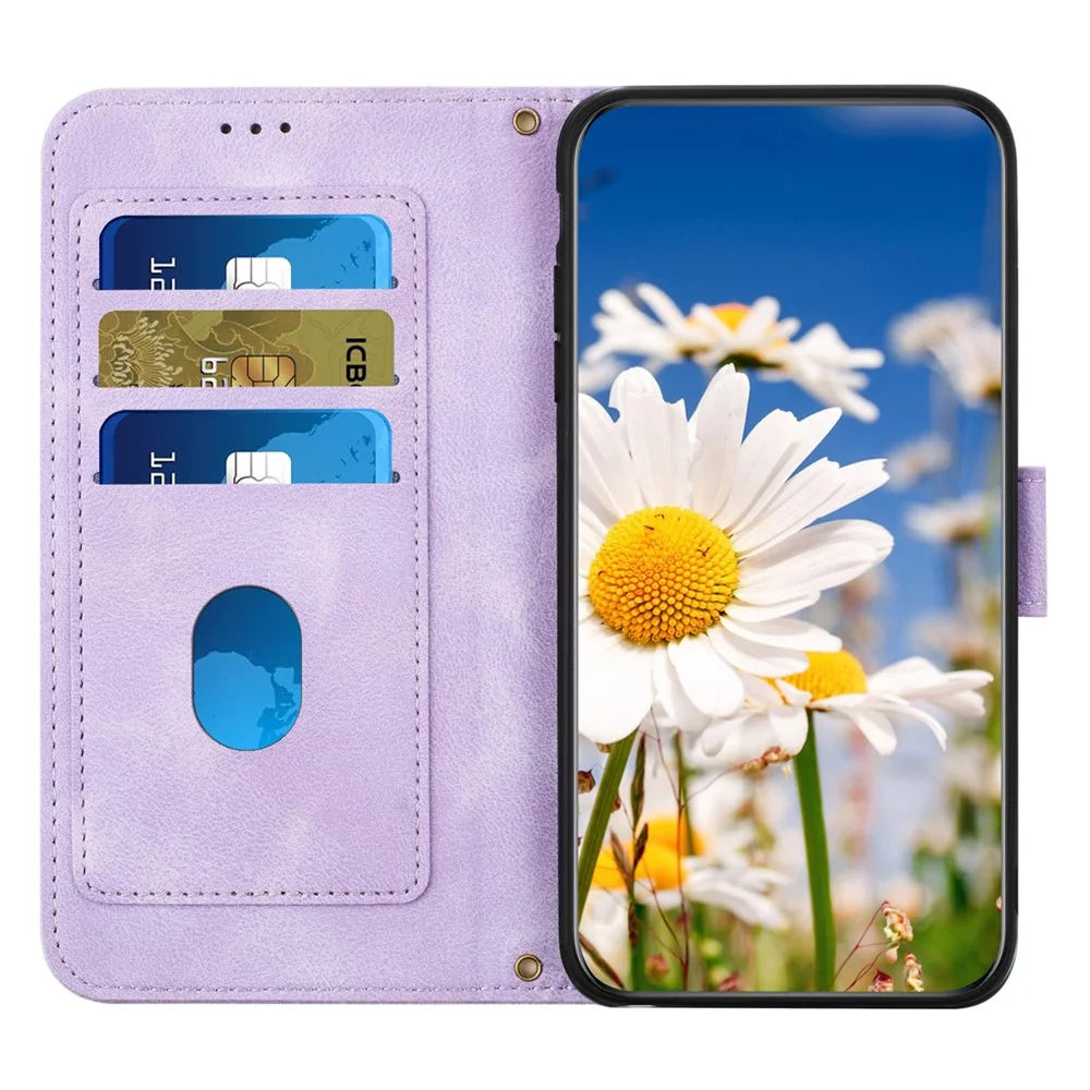 For Samsung Galaxy S25 FE Case PU Leather Floral Phone Cover with Card Slots and Wrist Strap - Light Purple - 2