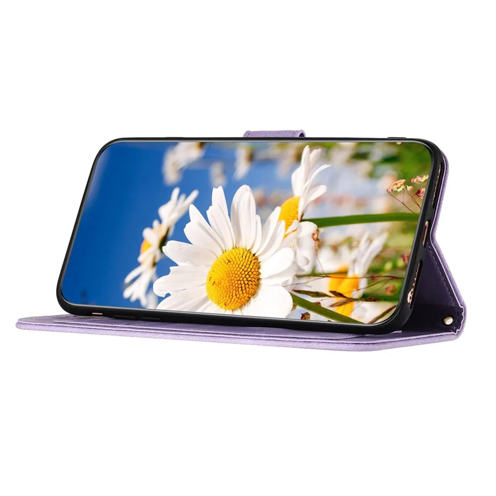 For Samsung Galaxy S25 FE Case PU Leather Floral Phone Cover with Card Slots and Wrist Strap - Light Purple - 3
