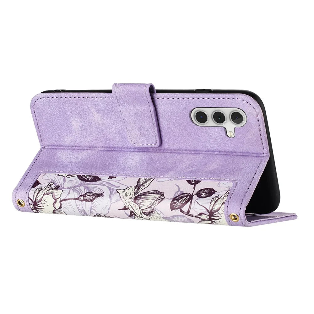 For Samsung Galaxy S25 FE Case PU Leather Floral Phone Cover with Card Slots and Wrist Strap - Light Purple - 5