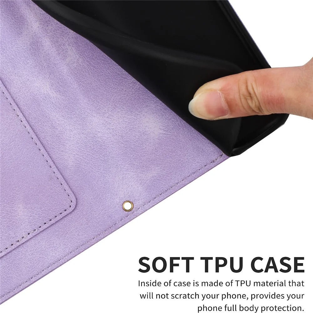 For Samsung Galaxy S25 FE Case PU Leather Floral Phone Cover with Card Slots and Wrist Strap - Light Purple - 6