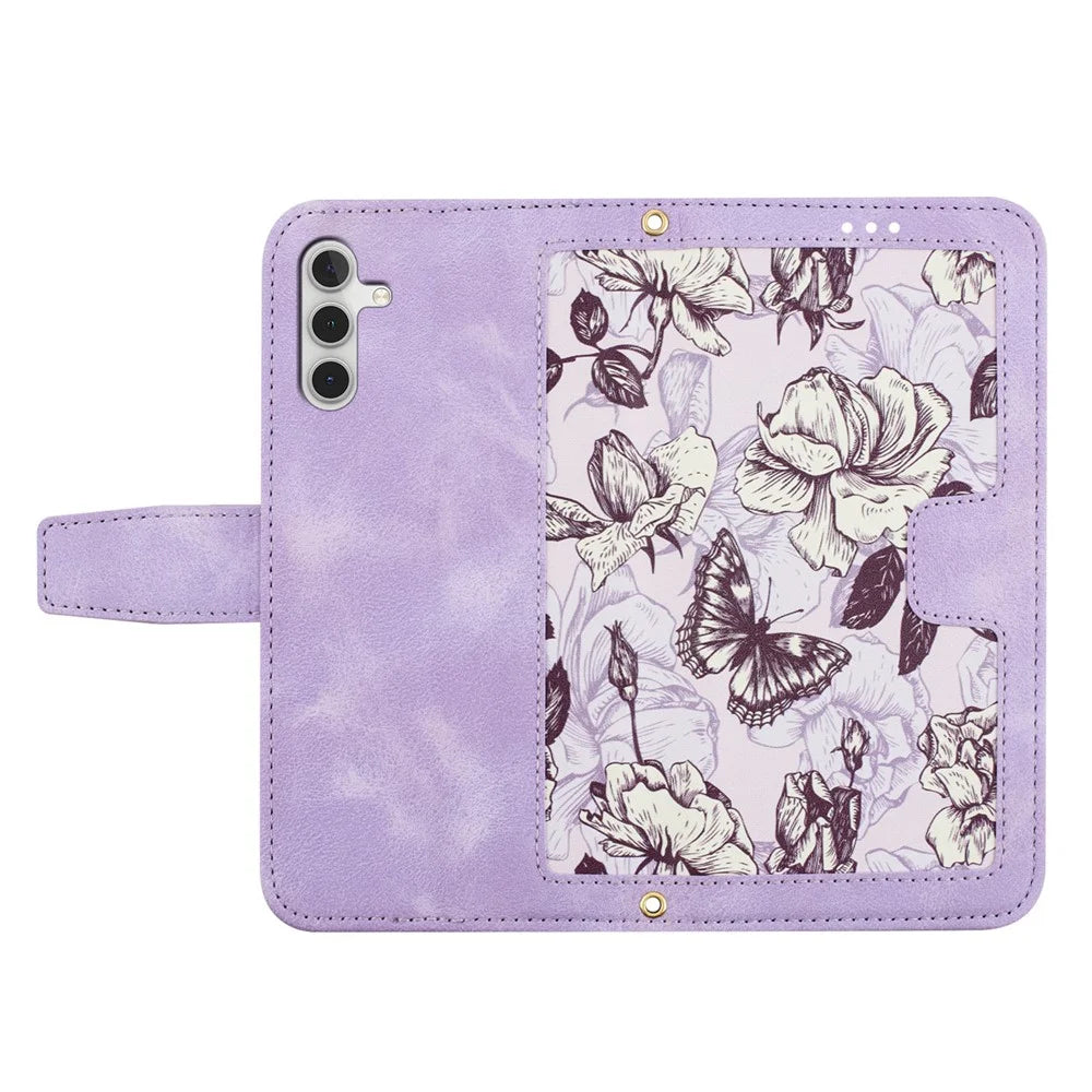 For Samsung Galaxy S26 FE Case PU Leather Floral Phone Cover with Card Slots and Wrist Strap - Light Purple - 4