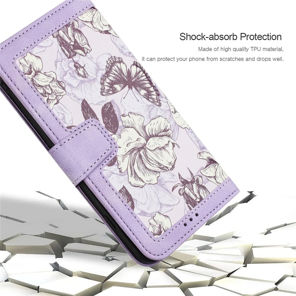 For Samsung Galaxy S26 FE Case PU Leather Floral Phone Cover with Card Slots and Wrist Strap - Light Purple - 7