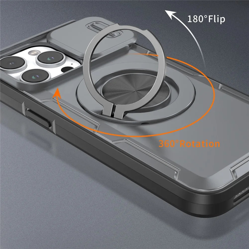 For iPhone 14 Pro Magnetic Case Slide Camera Cover Rotary Kickstand PC + TPU Phone Shell - Grey - 4
