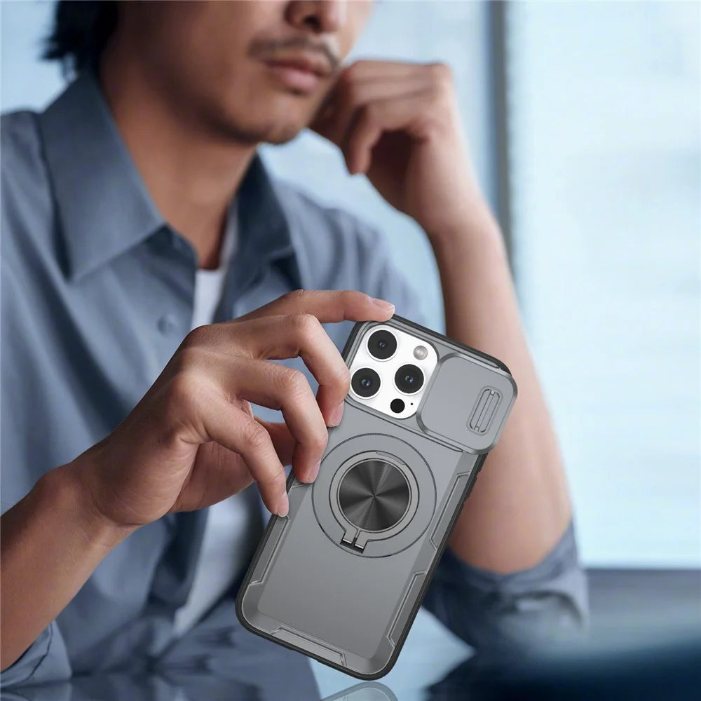 For iPhone 14 Pro Magnetic Case Slide Camera Cover Rotary Kickstand PC + TPU Phone Shell - Grey - 7