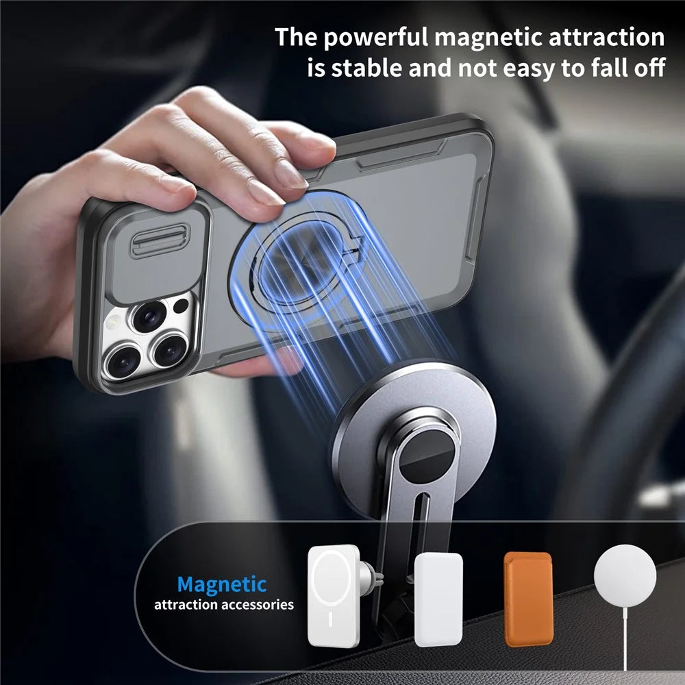 For iPhone 13 Pro Magnetic Case Slide Camera Cover Rotary Kickstand PC + TPU Phone Shell - Grey - 2