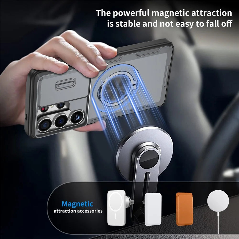 For Samsung Galaxy S26 Ultra Magnetic Case Slide Camera Cover Rotary Kickstand PC + TPU Phone Shell - Grey - 2