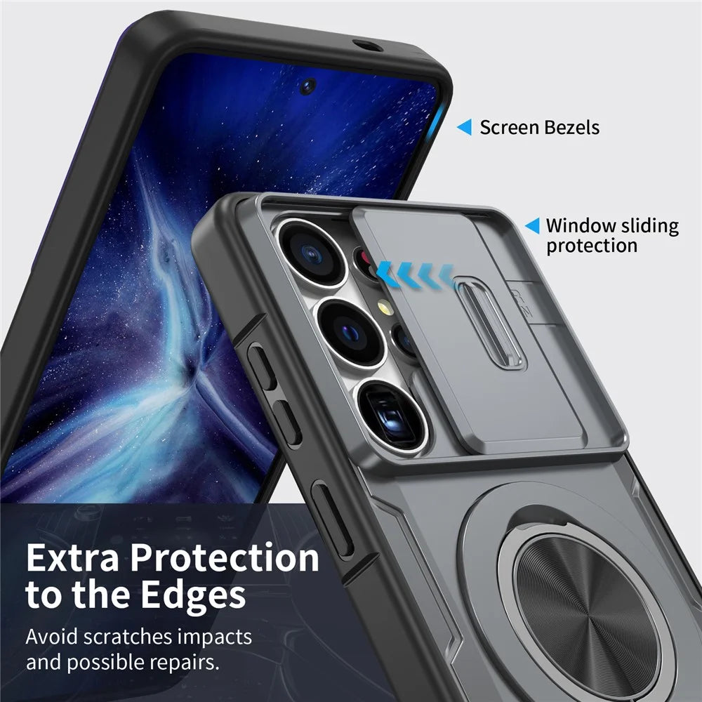 For Samsung Galaxy S26 Ultra Magnetic Case Slide Camera Cover Rotary Kickstand PC + TPU Phone Shell - Grey - 3
