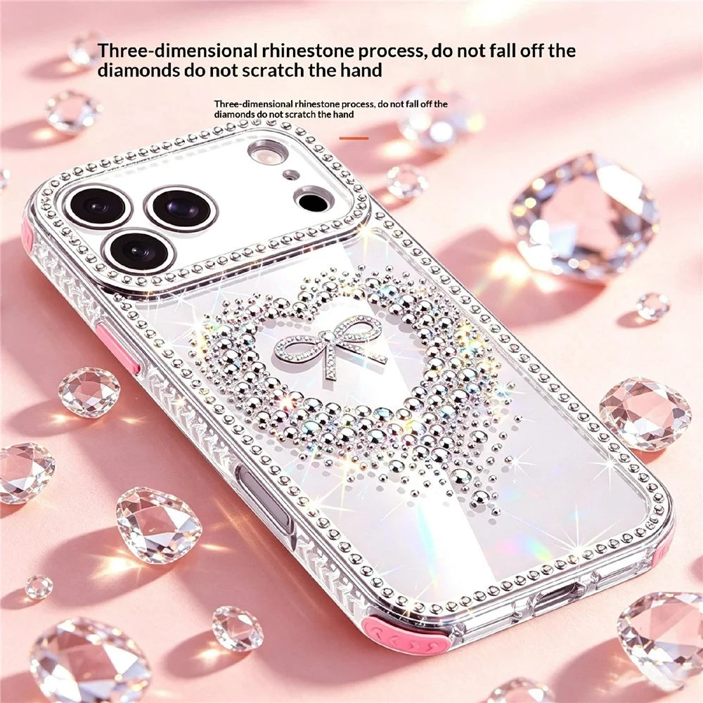 For iPhone 18 Pro Max / 17 Pro Max Case Rhinestone Design Heart Bow Aesthetic PC + TPU Corner Protection Phone Cover - Red - 7