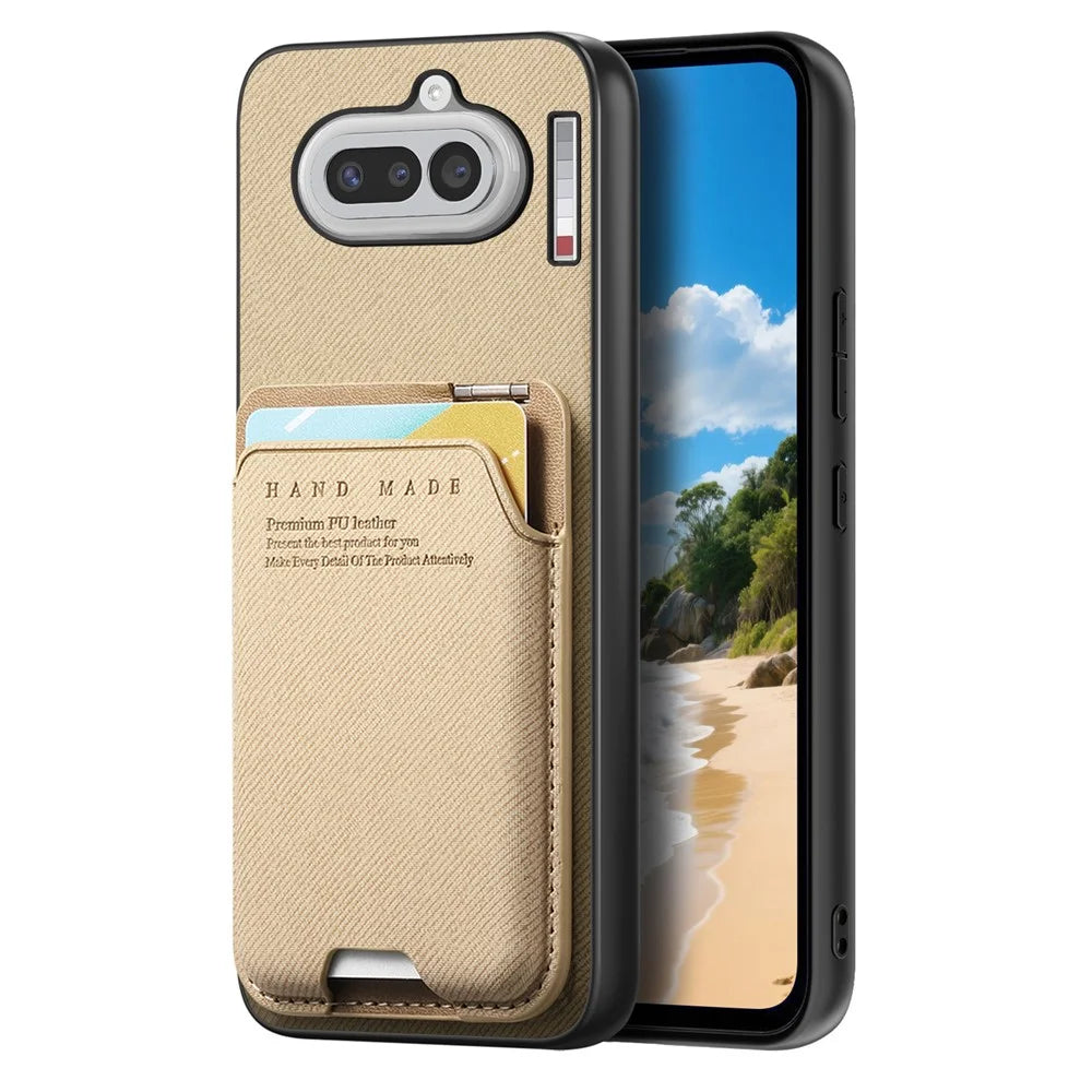 For Nothing Phone (4a) Case Cloth Texture Leather + PC + TPU Phone Cover with Card Holder Kickstand - Khaki - 4