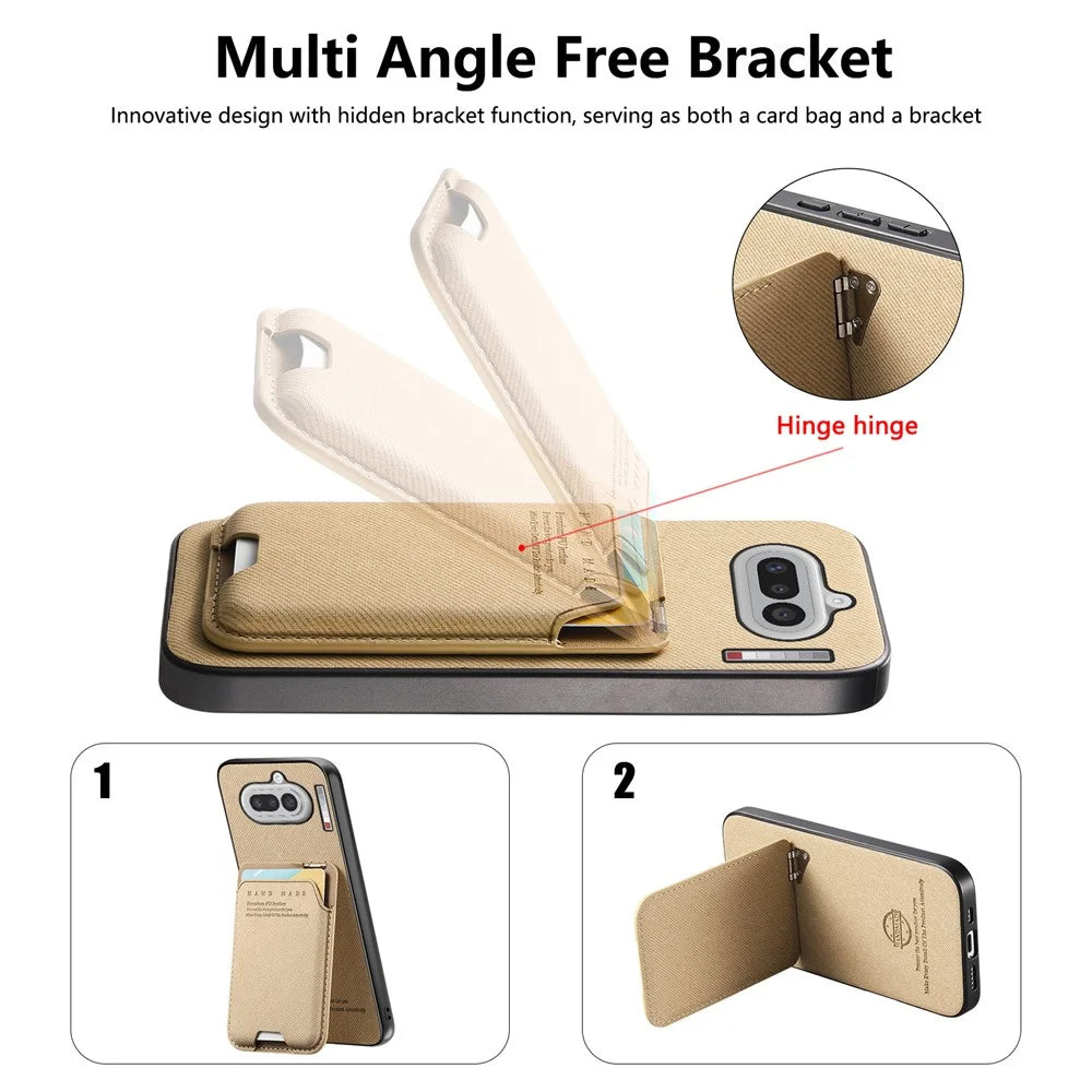 For Nothing Phone (4a) Case Cloth Texture Leather + PC + TPU Phone Cover with Card Holder Kickstand - Khaki - 5