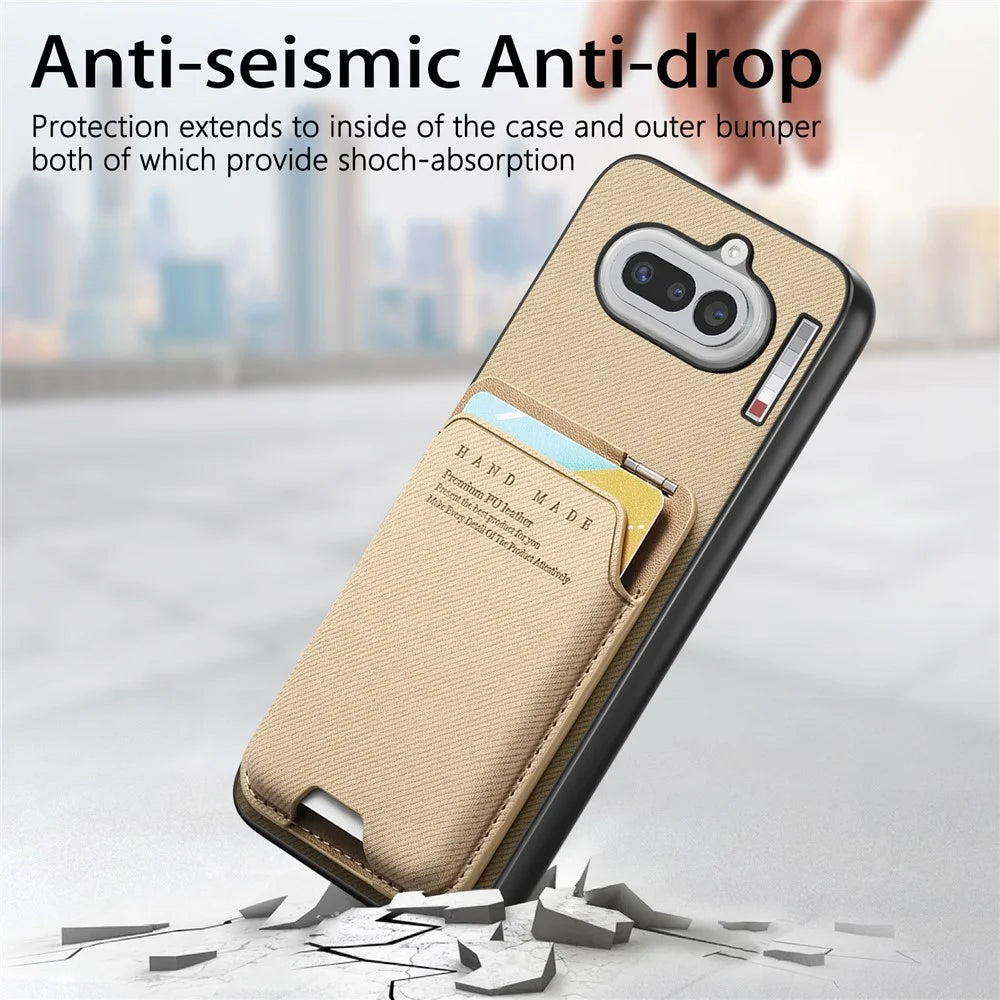 For Nothing Phone (4a) Case Cloth Texture Leather + PC + TPU Phone Cover with Card Holder Kickstand - Khaki - 6