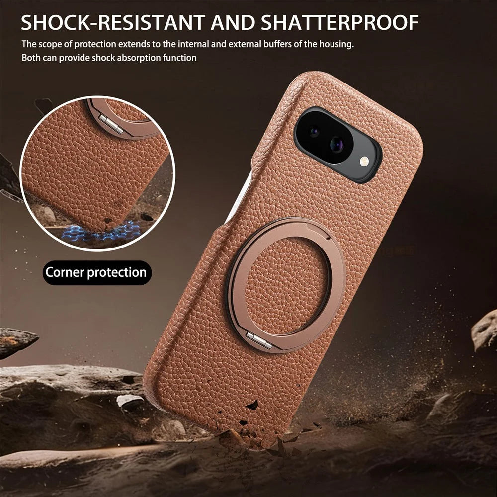 For Google Pixel 10a Magnetic Case PC PU Phone Cover with 360 Rotating Ring Kickstand - Brown - 3