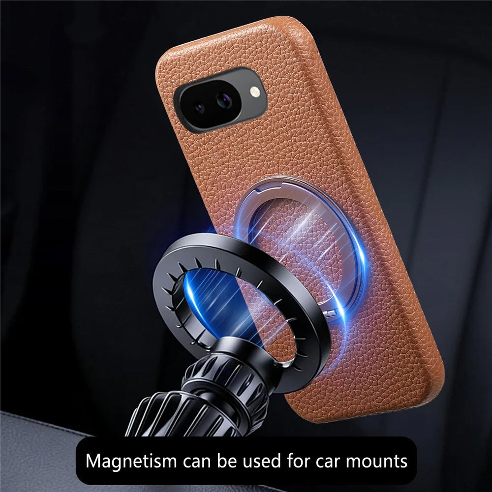 For Google Pixel 10a Magnetic Case PC PU Phone Cover with 360 Rotating Ring Kickstand - Brown - 5