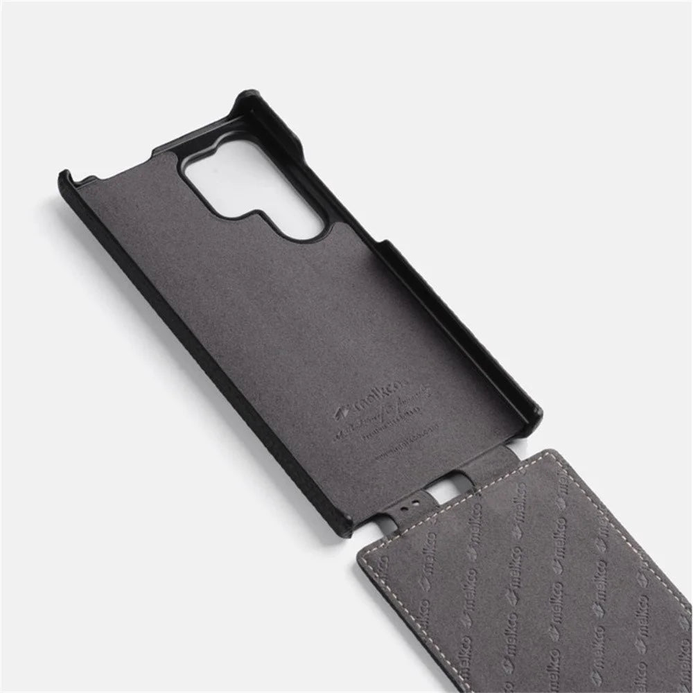MELKCO For Samsung Galaxy S26 Ultra Magnetic Case Vertical Flip Genuine Cow Leather + PC Phone Cover - Black - 3