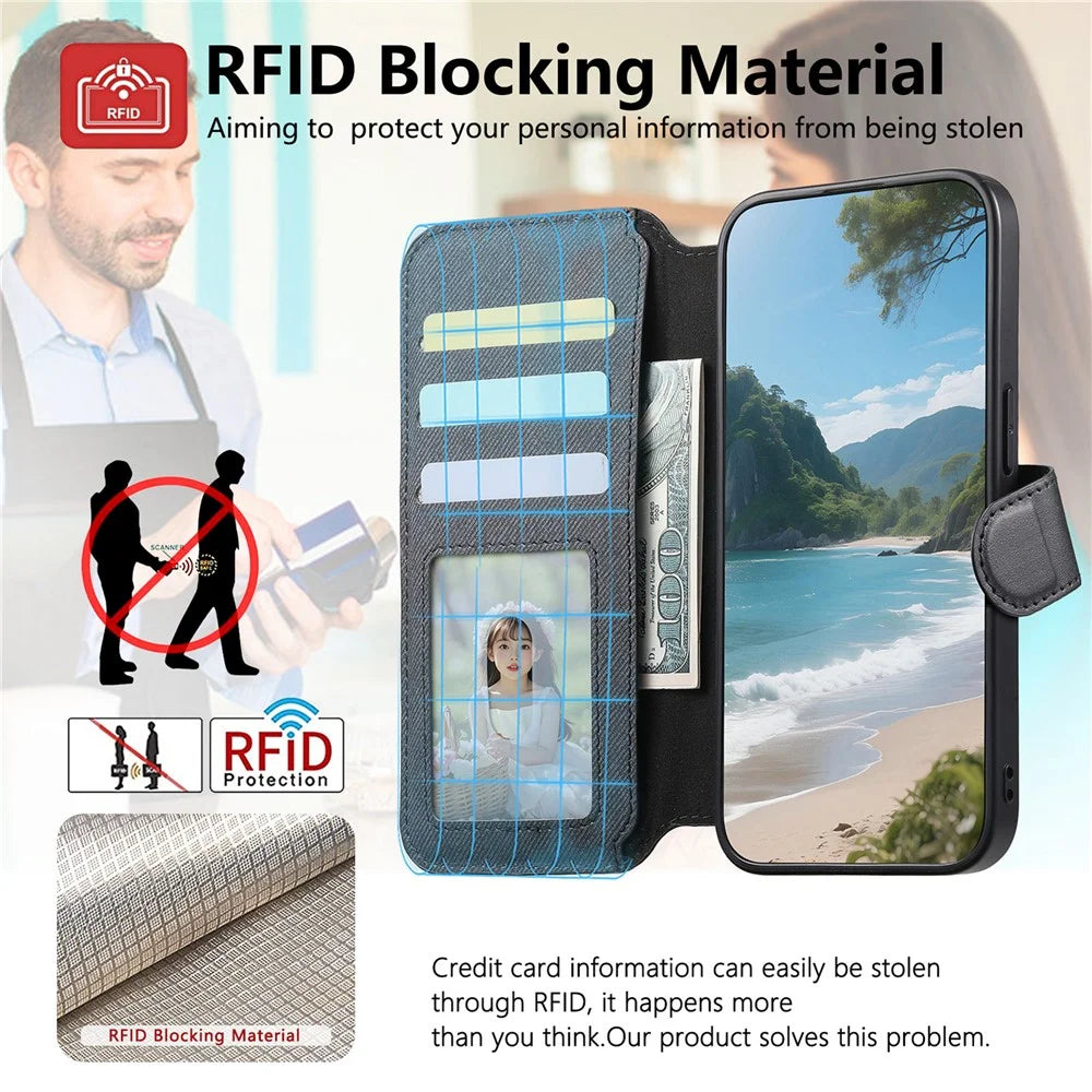 For Samsung Galaxy S25 FE Magnetic Case RFID Blocking Detachable Wallet Stand Cloth Texture Leather Phone Cover - Black - 7