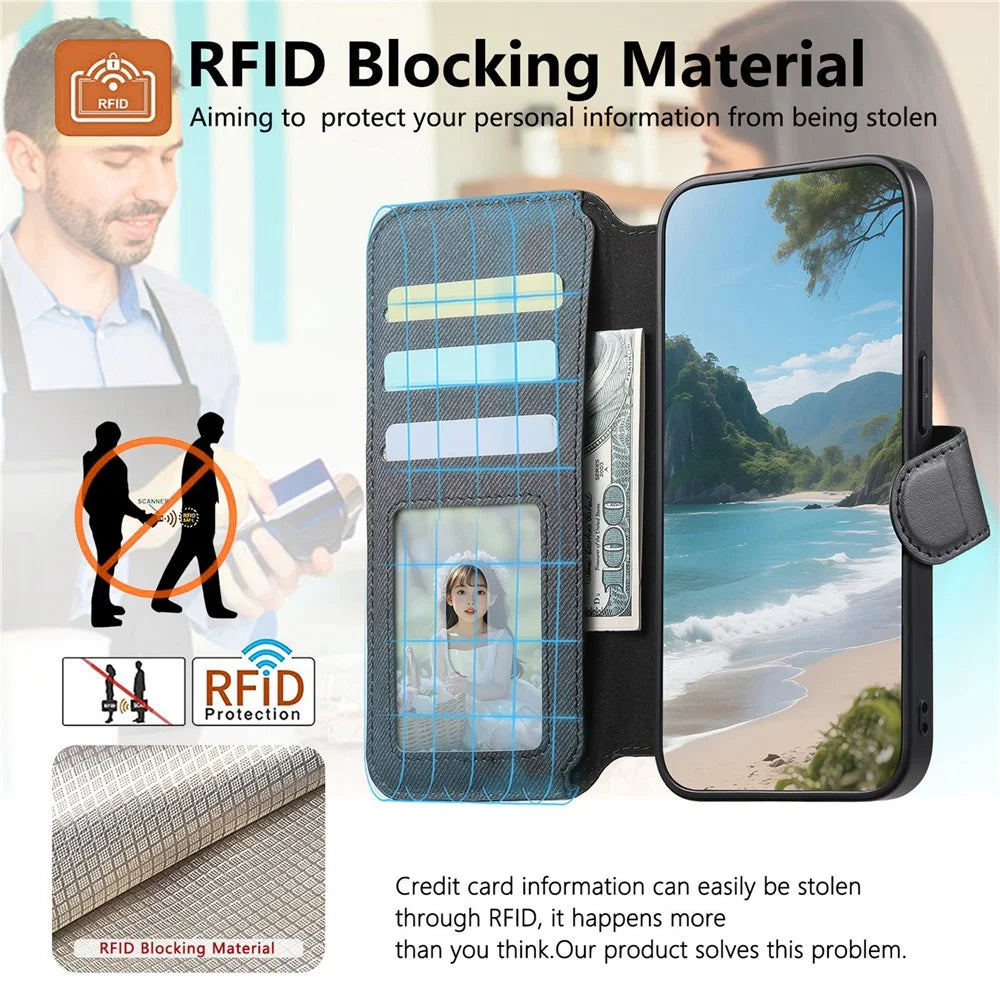 For OnePlus 15 5G Magnetic Case RFID Blocking Detachable Wallet Stand Cloth Texture Leather Phone Cover - Black - 3