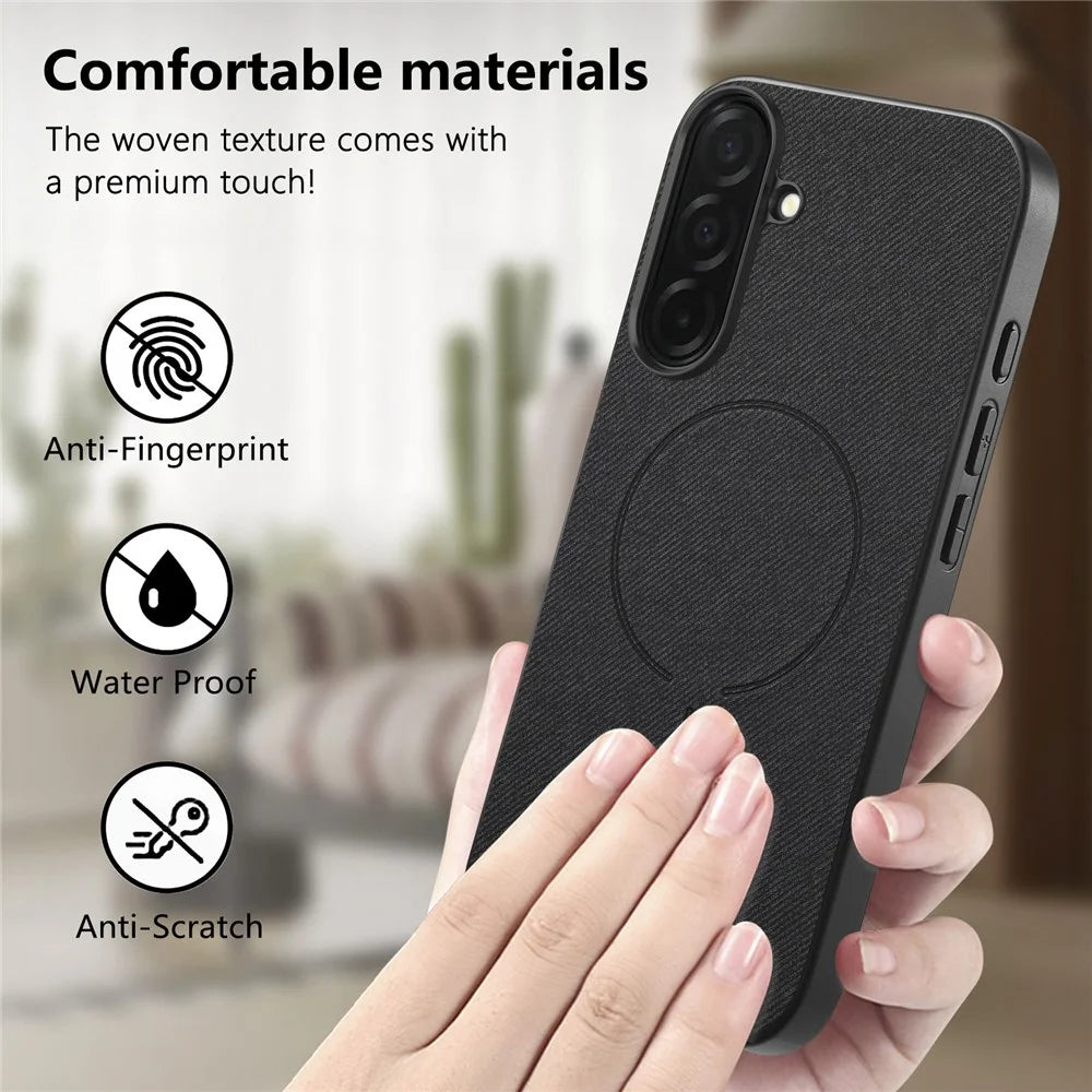 For Samsung Galaxy A27 5G Magnetic Case Cloth Texture PC + TPU + PU Leather Anti-Scratch Phone Cover - Black - 7