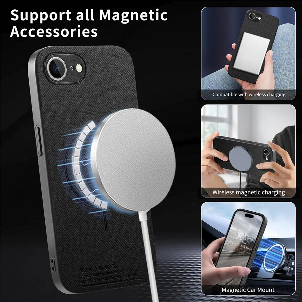For iPhone 17e  /  16e Magnetic Case Cloth Texture PC + TPU + PU Leather Anti-Scratch Phone Cover - Black - 3
