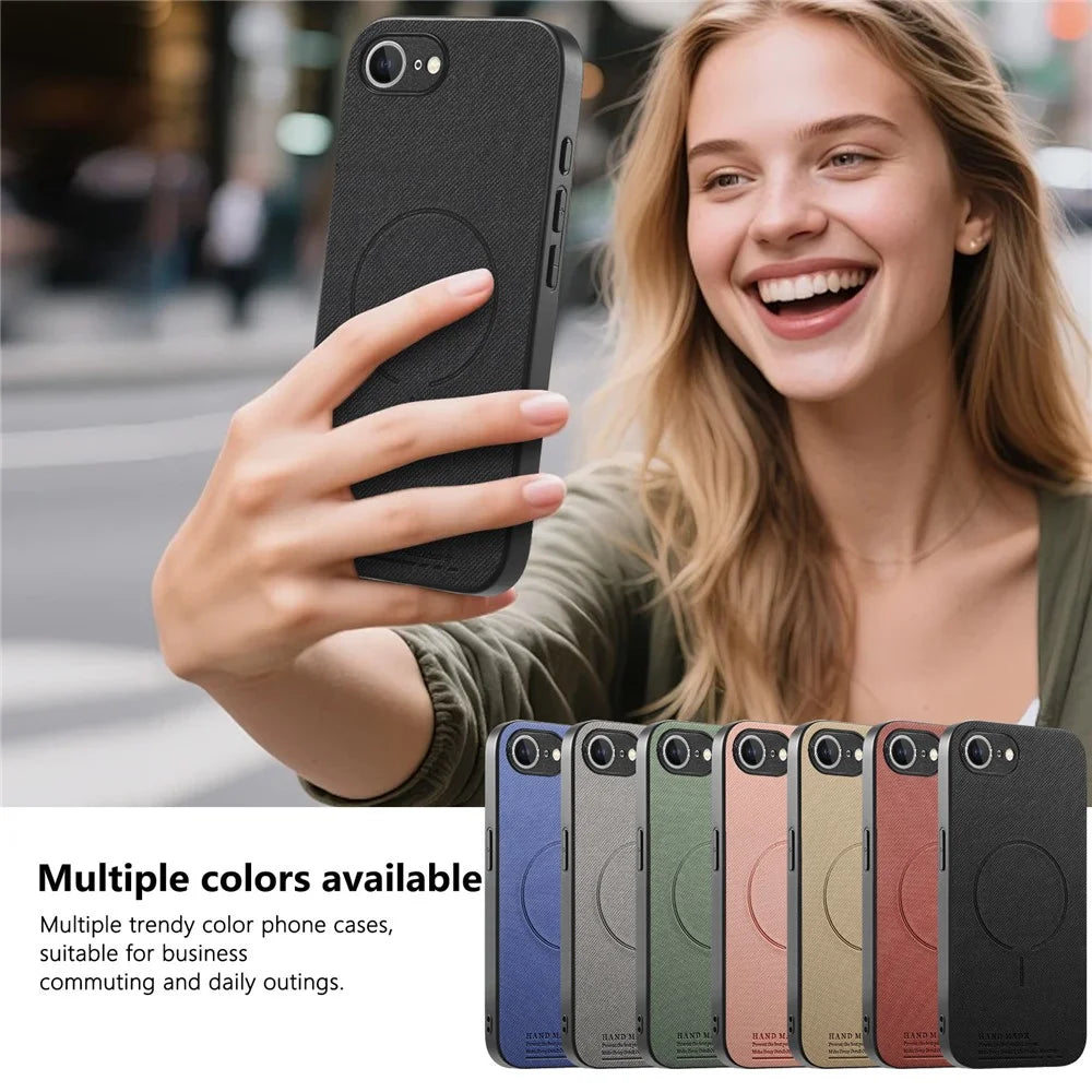 For iPhone 17e  /  16e Magnetic Case Cloth Texture PC + TPU + PU Leather Anti-Scratch Phone Cover - Black - 6