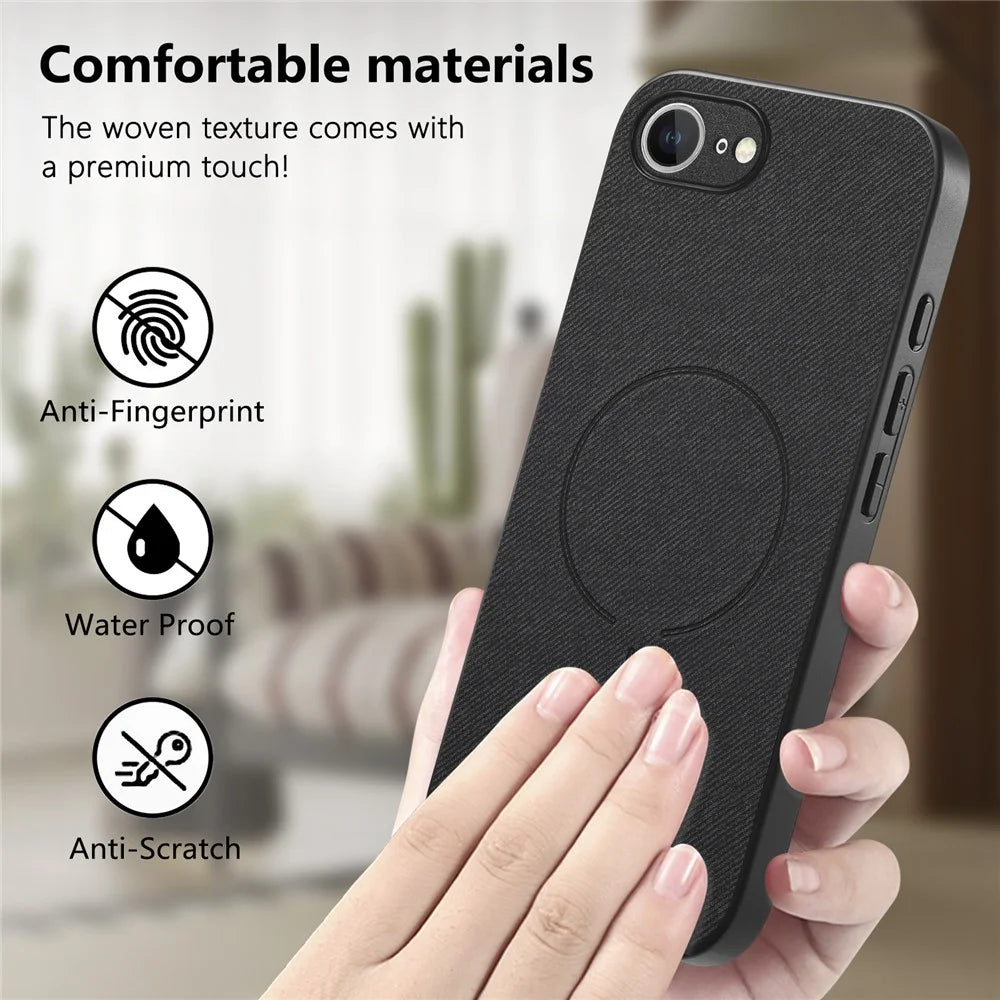For iPhone 17e  /  16e Magnetic Case Cloth Texture PC + TPU + PU Leather Anti-Scratch Phone Cover - Black - 7