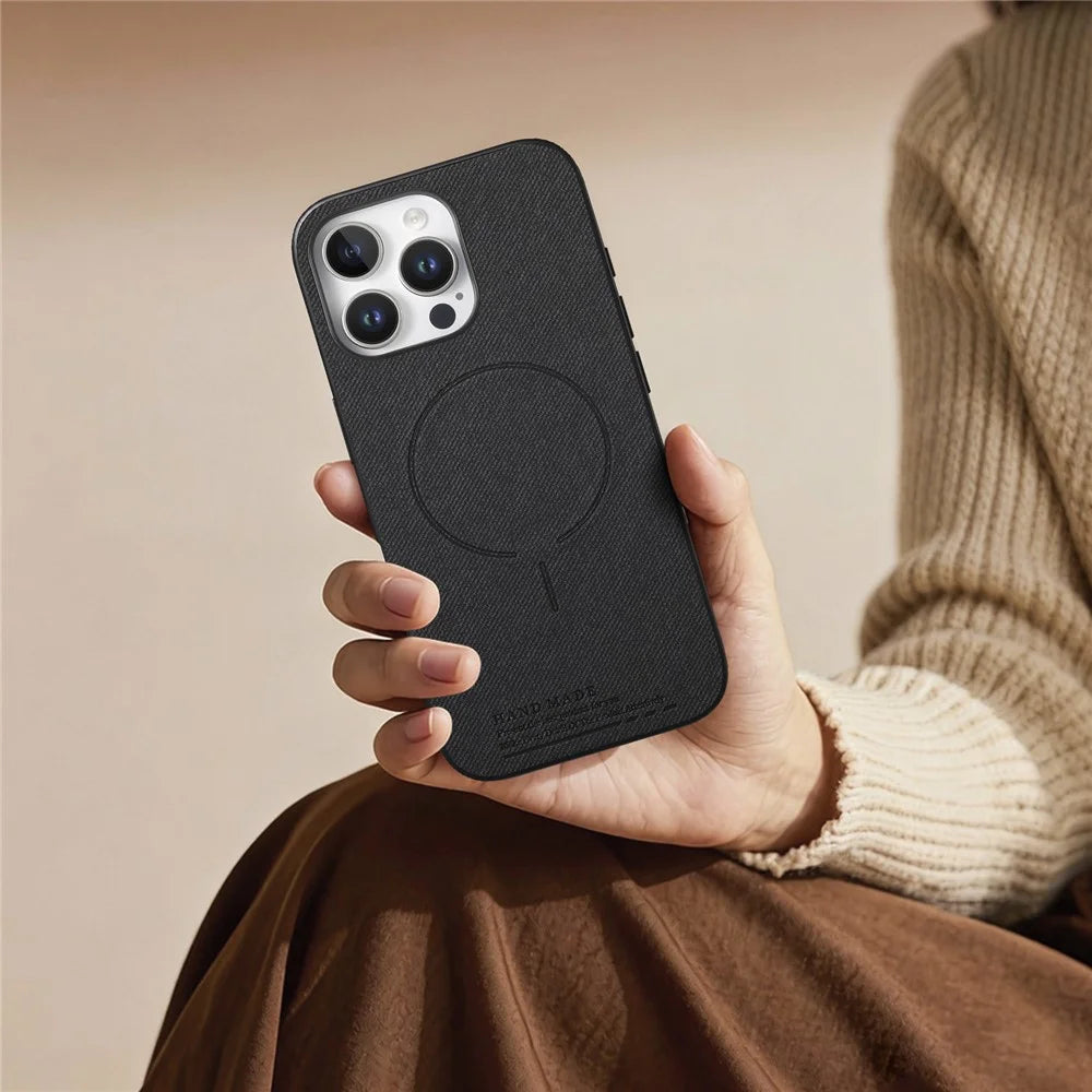 For iPhone 16 Pro Max Magnetic Case Cloth Texture PC + TPU + PU Leather Anti-Scratch Phone Cover - Black - 7