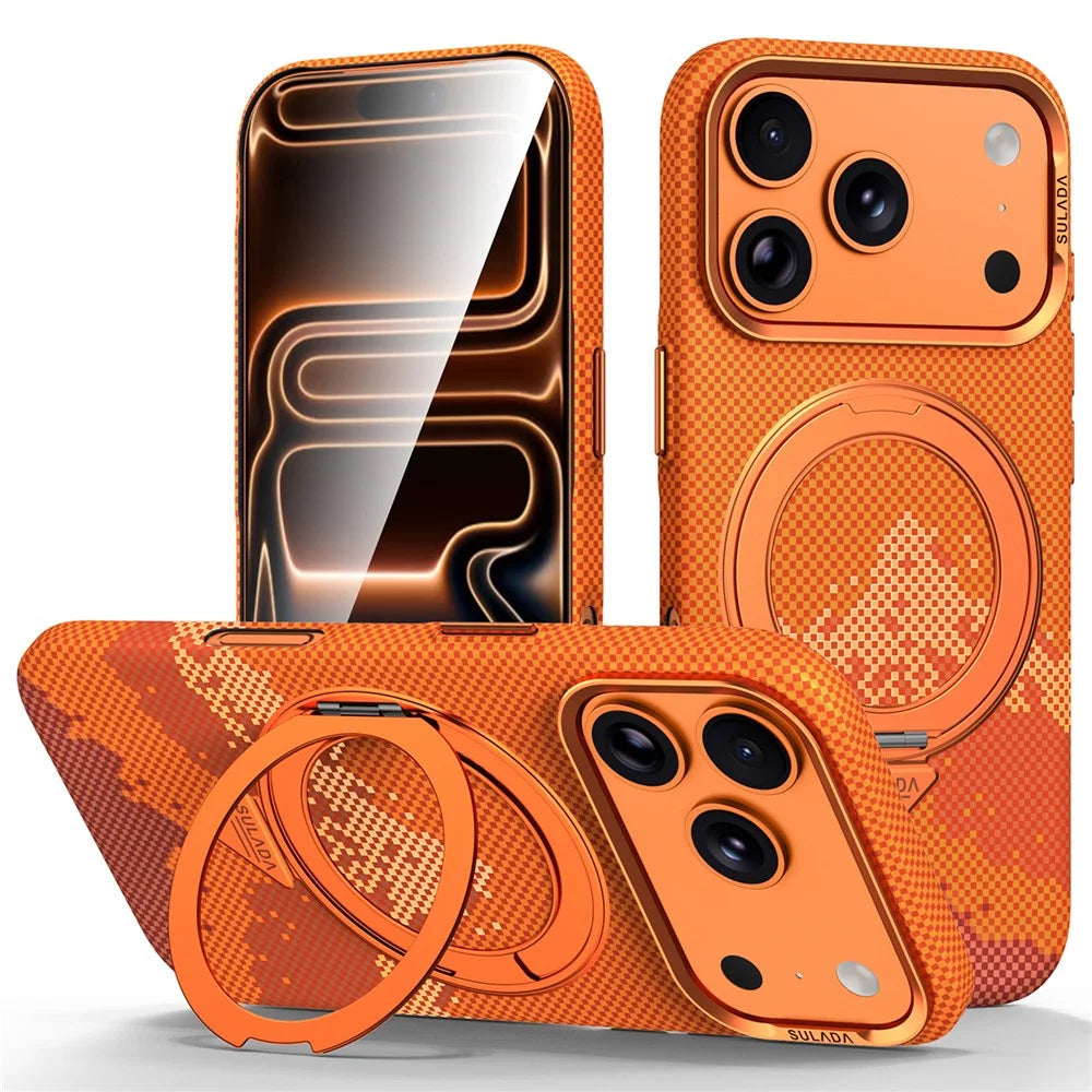SULADA for iPhone 17 Pro Magnetic Case 360° Rotating Ring Kickstand Golden Mountain Pattern PC Slim Phone Cover - Orange - 1
