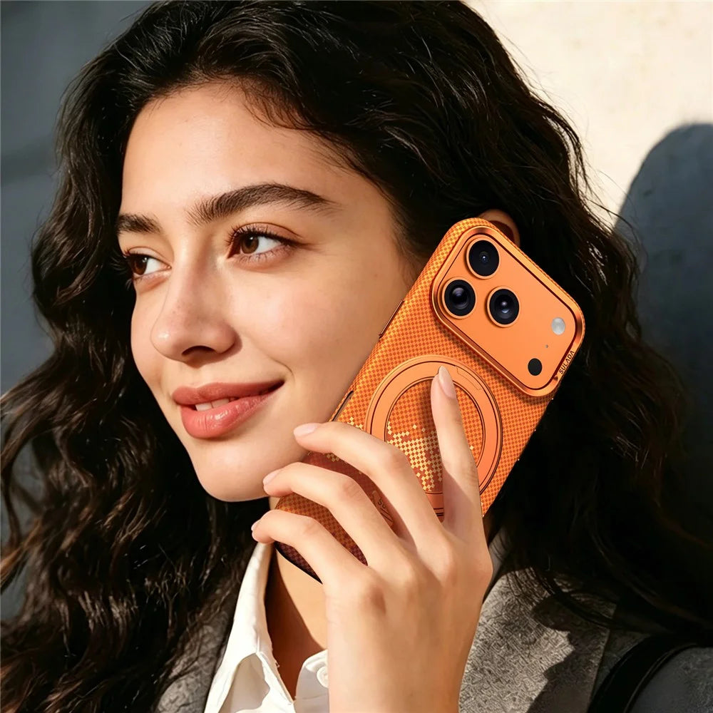 SULADA for iPhone 17 Pro Magnetic Case 360° Rotating Ring Kickstand Golden Mountain Pattern PC Slim Phone Cover - Orange - 2