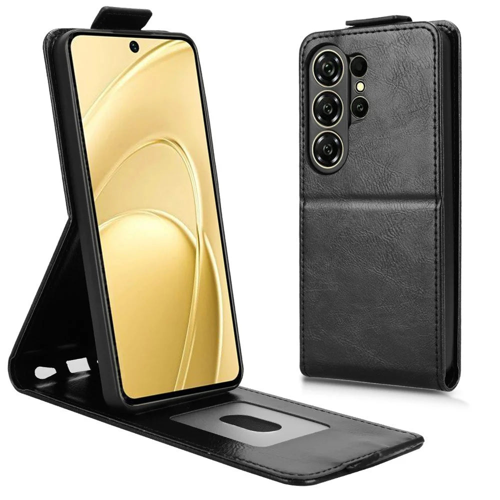 For Oukitel C26 Stand Case Magnetic Clasp Vertical Flip Leather Phone Cover with Card Holder - Black - 3