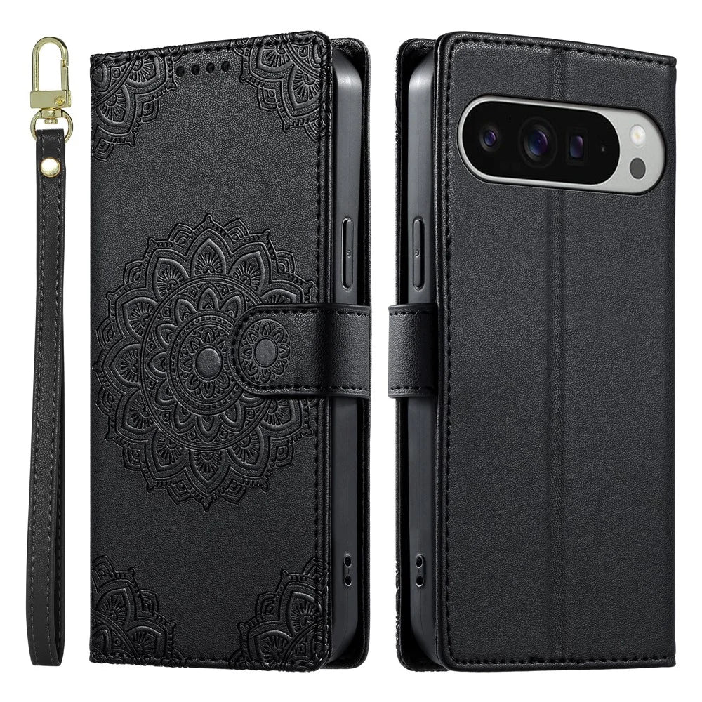 For Google Pixel 9 Pro XL  /  10 Pro XL Case Embossed Totem Leather Flip Wallet Phone Cover with Wrist Strap - Black - 1
