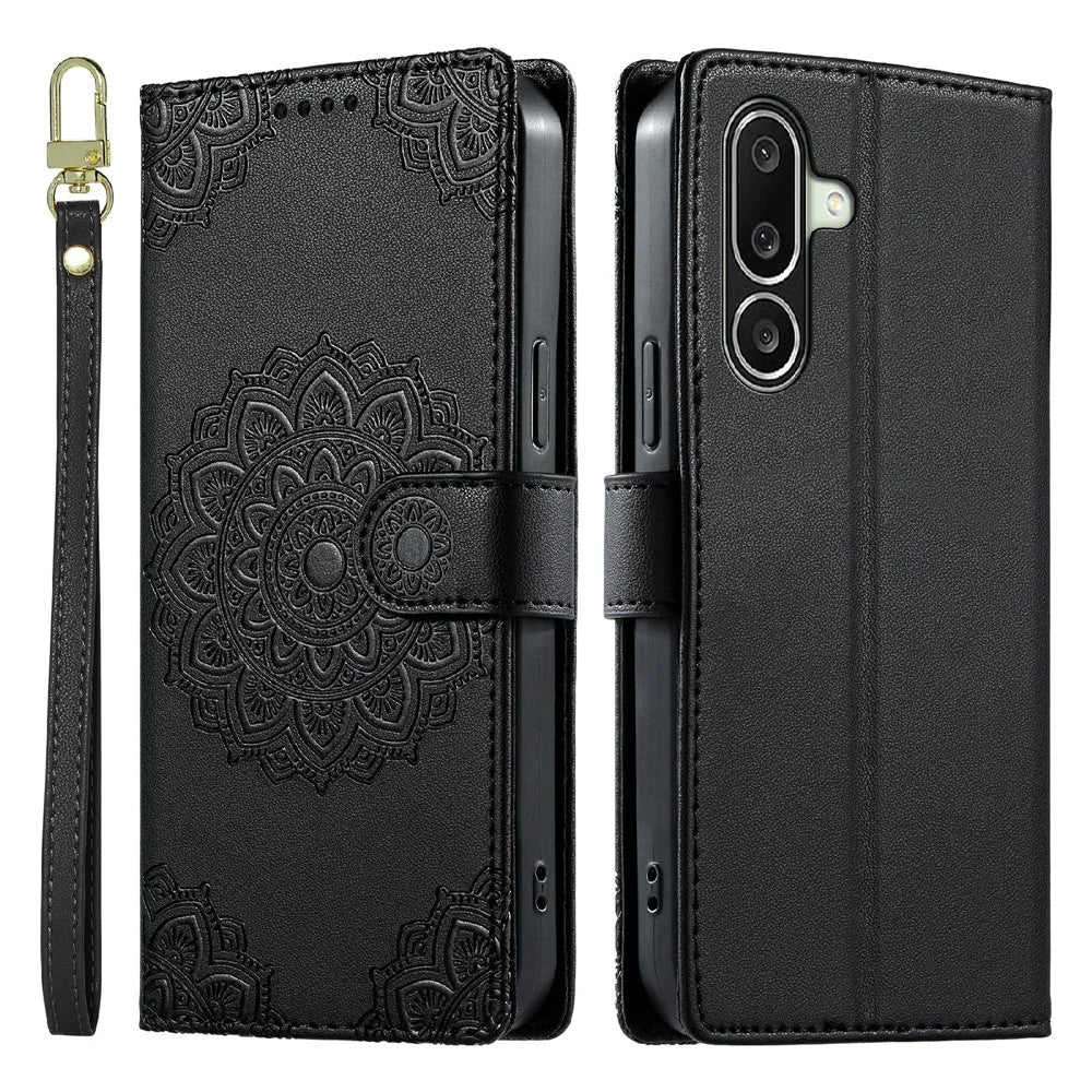 For Samsung Galaxy A27 5G Case Embossed Totem Leather Flip Wallet Phone Cover with Wrist Strap - Black - 1