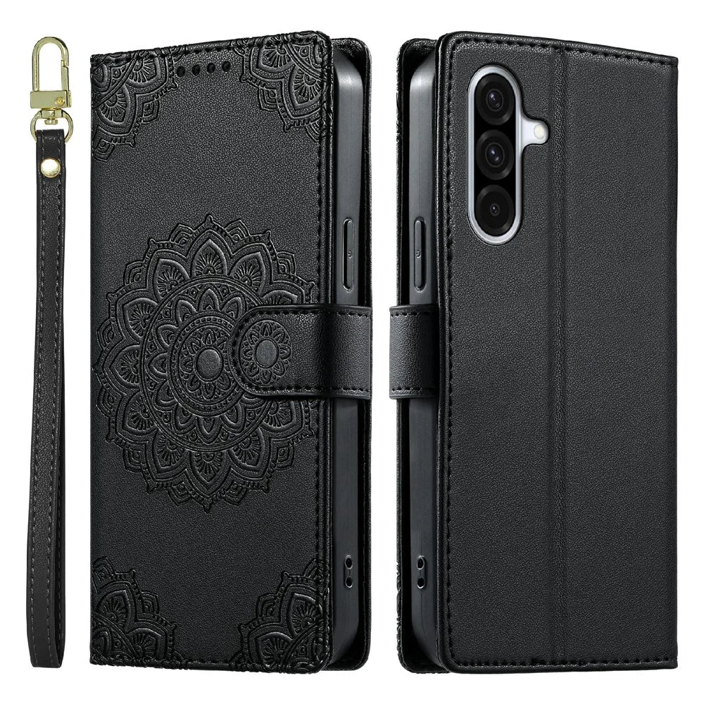 For Samsung Galaxy A37 5G Case Embossed Totem Leather Flip Wallet Phone Cover with Wrist Strap - Black - 1