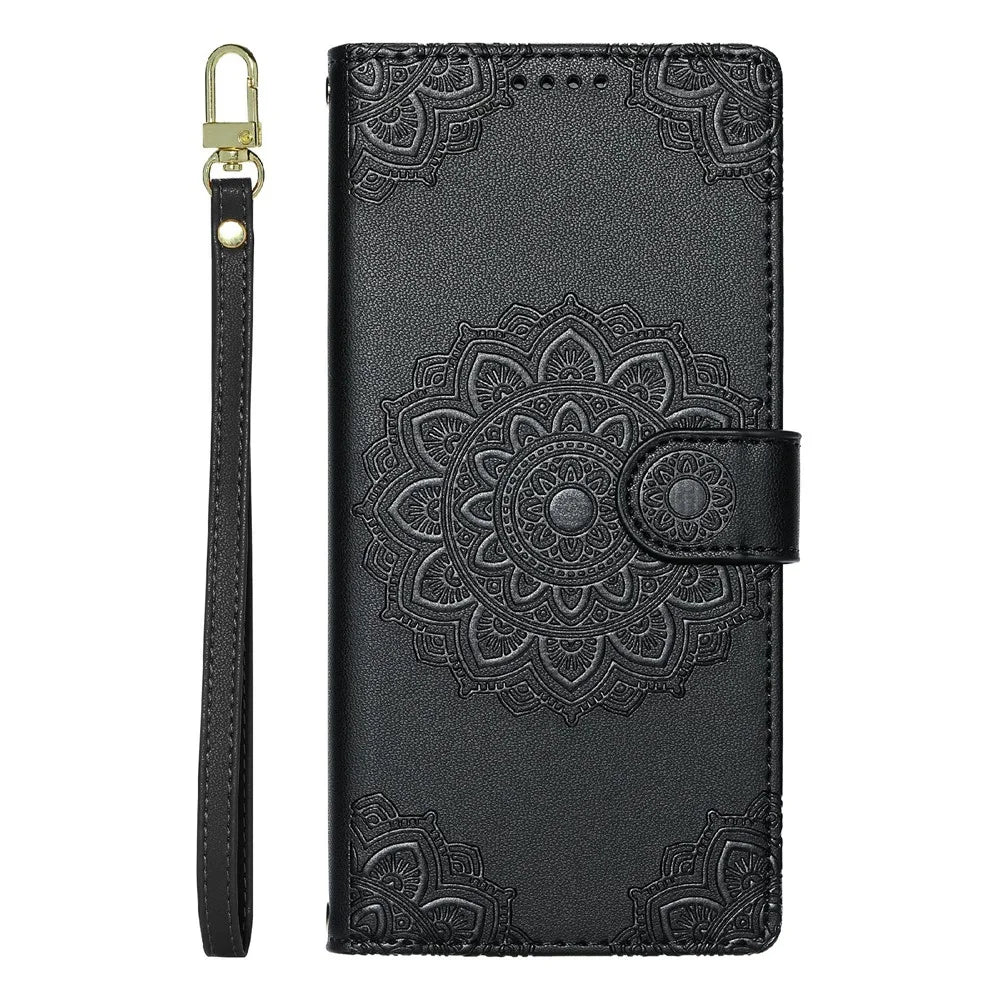 For Samsung Galaxy A37 5G Case Embossed Totem Leather Flip Wallet Phone Cover with Wrist Strap - Black - 5