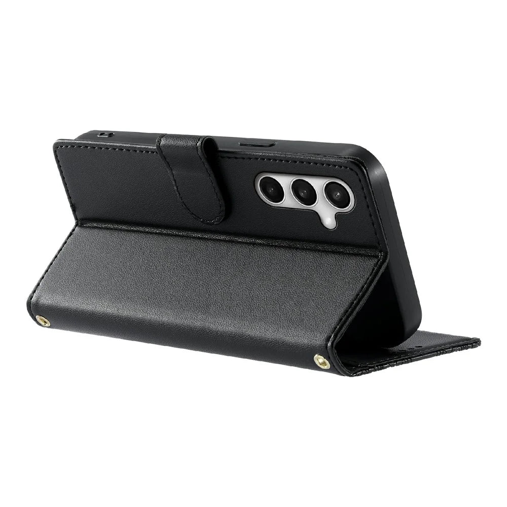 For Samsung Galaxy S25 FE Case Embossed Totem Leather Flip Wallet Phone Cover with Wrist Strap - Black - 3