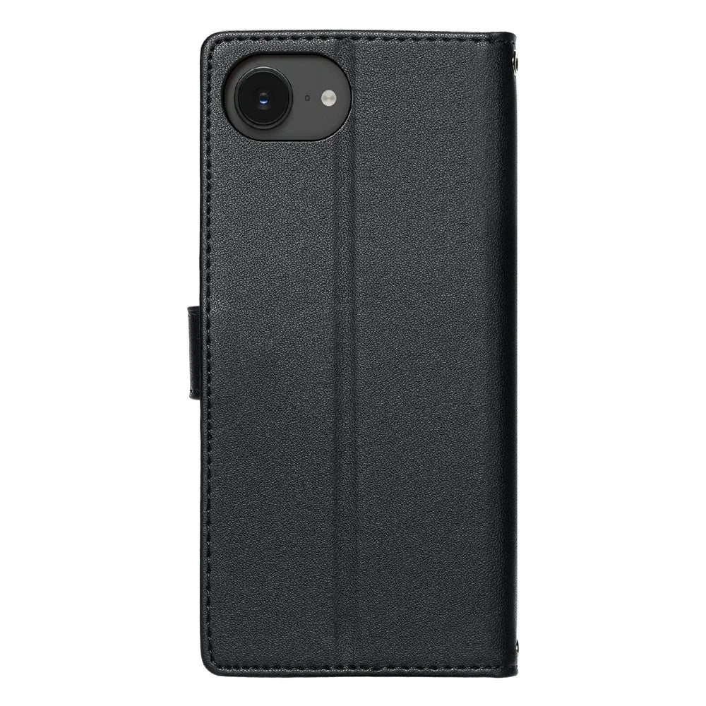 For iPhone 17e  /  16e Case Embossed Totem Leather Flip Wallet Phone Cover with Wrist Strap - Black - 6