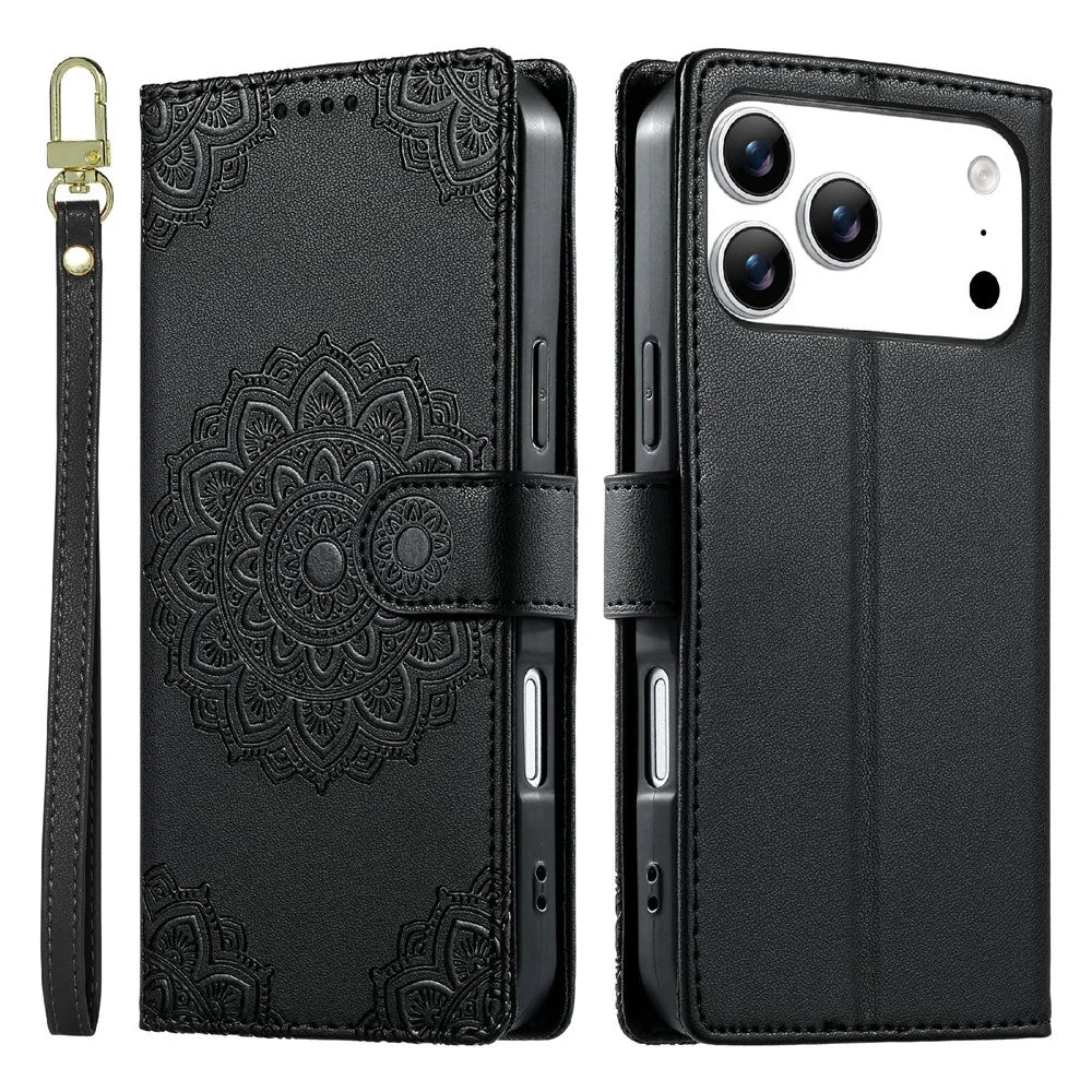 For iPhone 18 Pro Max / 17 Pro Max Case Embossed Totem Leather Flip Wallet Phone Cover with Wrist Strap - Black - 1