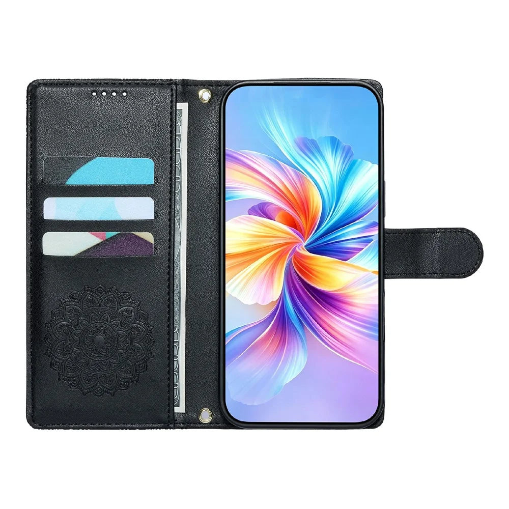 For iPhone 18 Pro Max / 17 Pro Max Case Embossed Totem Leather Flip Wallet Phone Cover with Wrist Strap - Black - 2