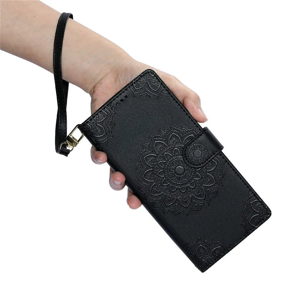 For iPhone 18 Pro Max / 17 Pro Max Case Embossed Totem Leather Flip Wallet Phone Cover with Wrist Strap - Black - 4