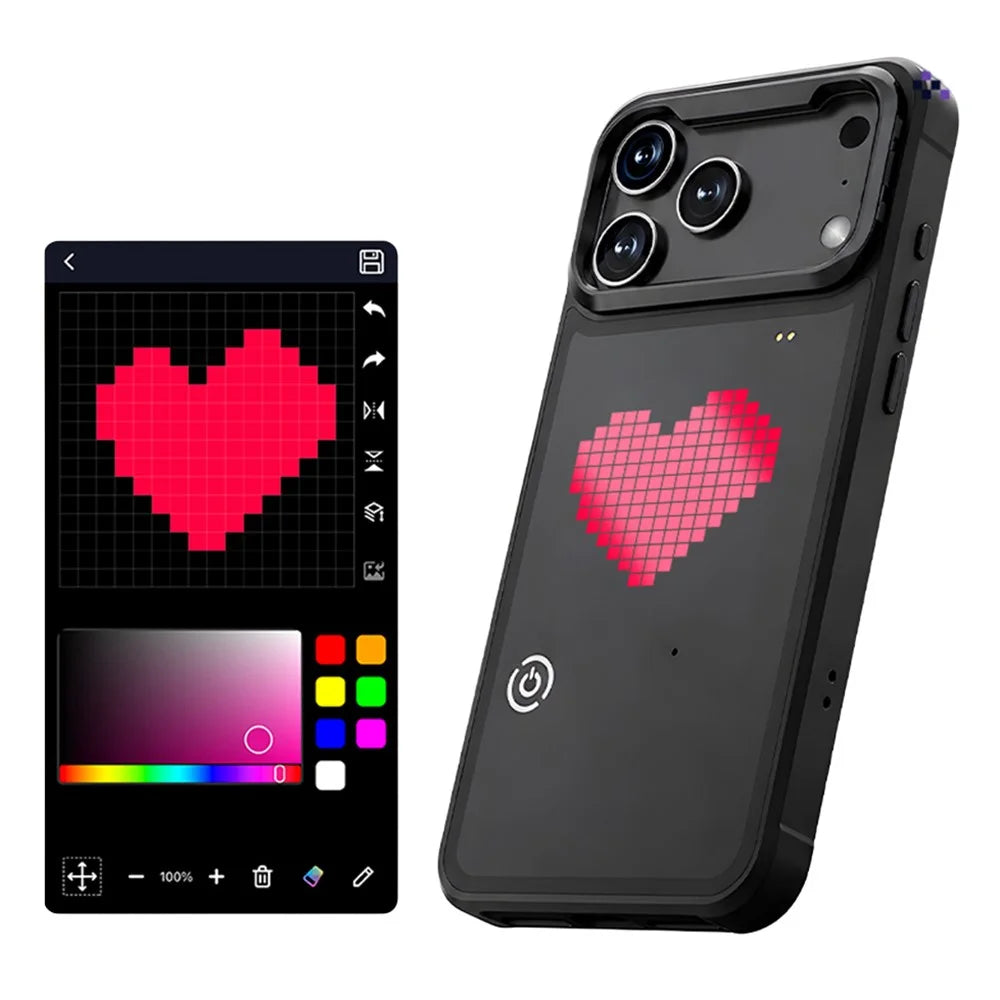 For iPhone 17 Pro Max Glowing Pixel Case Bluetooth-compatible LED Display Custom Animation Phone Cover with Kickstand - Black - 1