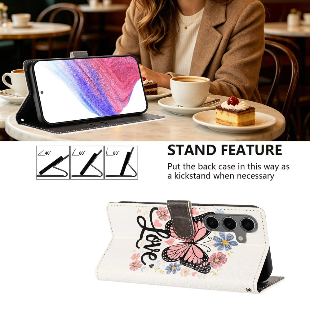 For Samsung Galaxy S26 FE Case Pattern Printed PU Leather Flip Wallet Phone Cover with Wrist Strap - Pink Butterfly - 2