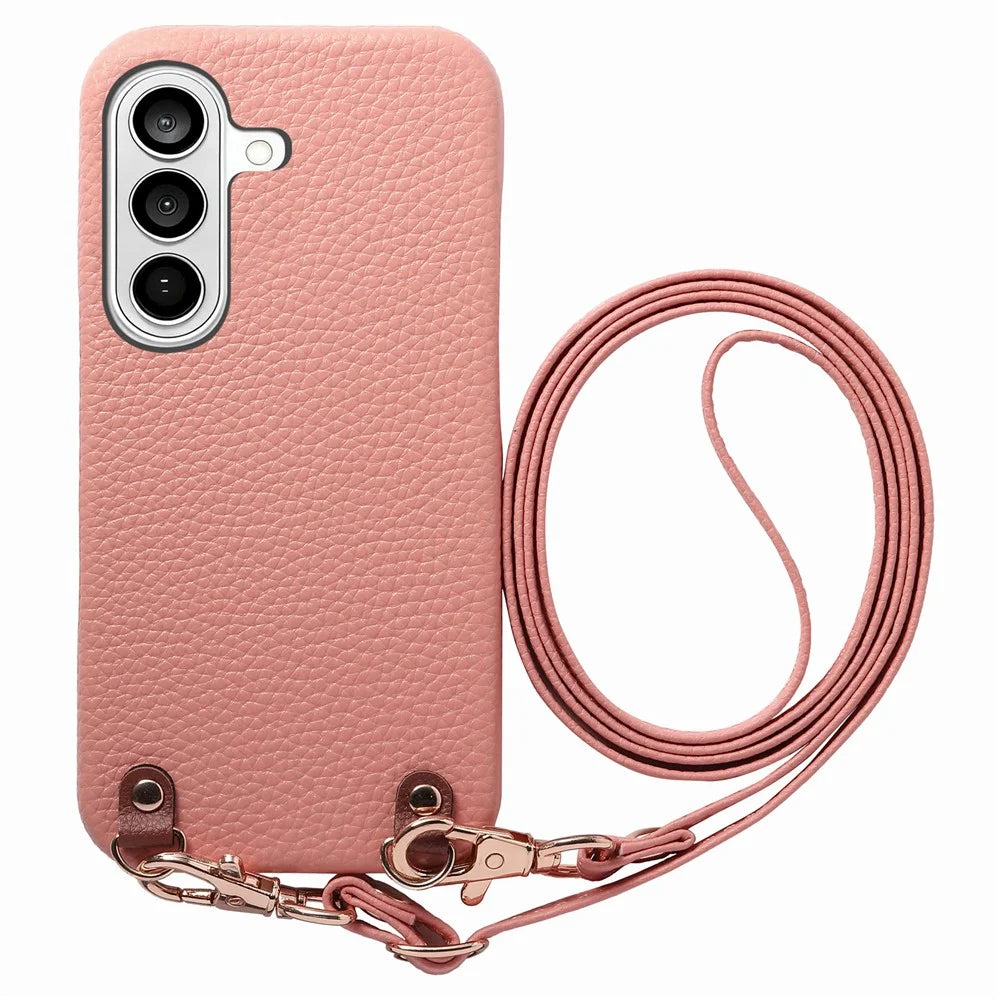 For Samsung Galaxy A37 5G Litchi Pattern Case with Lanyard Shockproof PC PU Leather Cover - Pink - 1