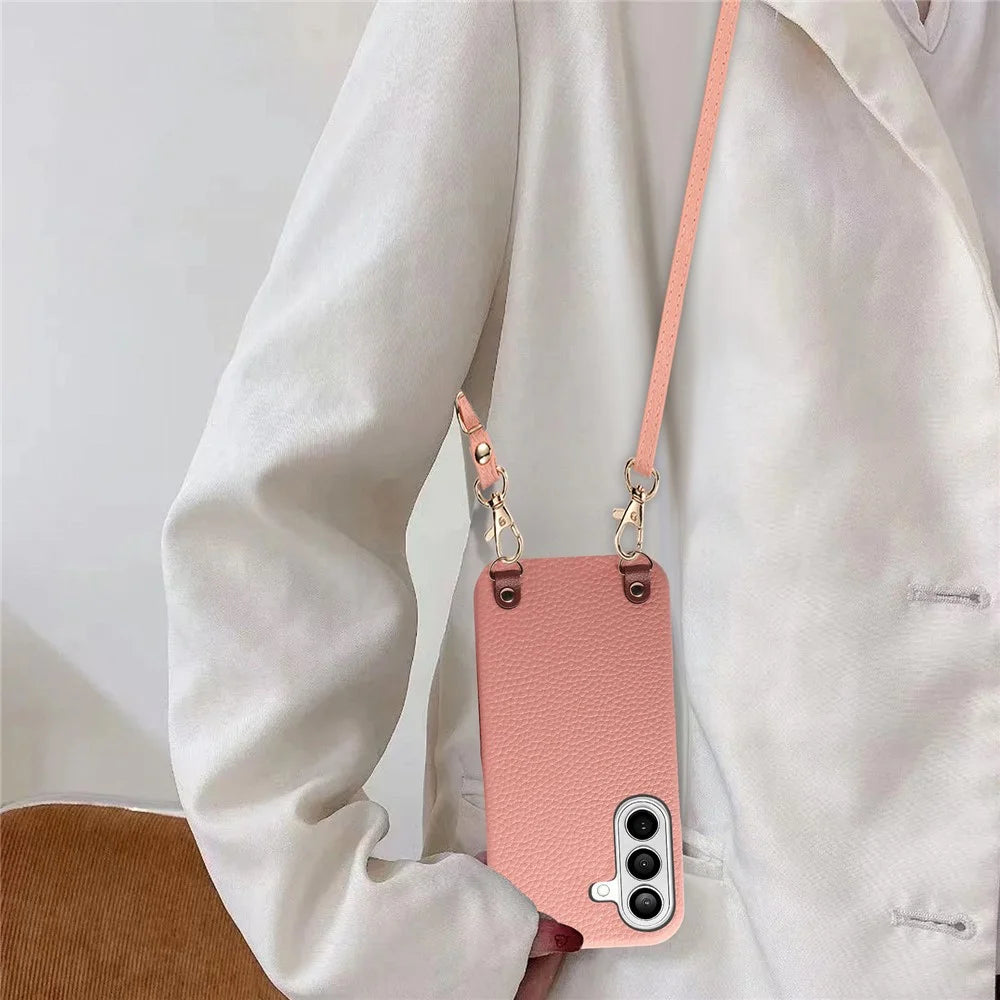 For Samsung Galaxy A37 5G Litchi Pattern Case with Lanyard Shockproof PC PU Leather Cover - Pink - 5