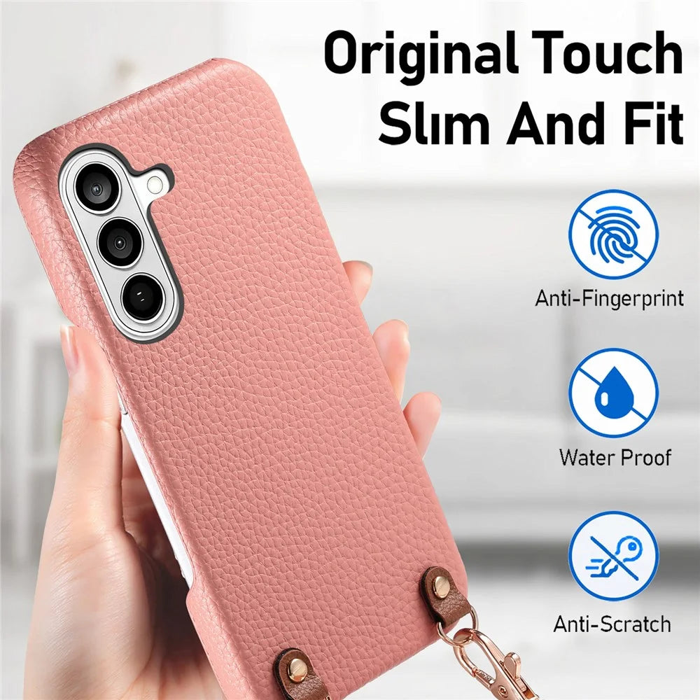 For Samsung Galaxy S25+ Litchi Pattern Case with Lanyard Shockproof PC PU Leather Cover - Pink - 7