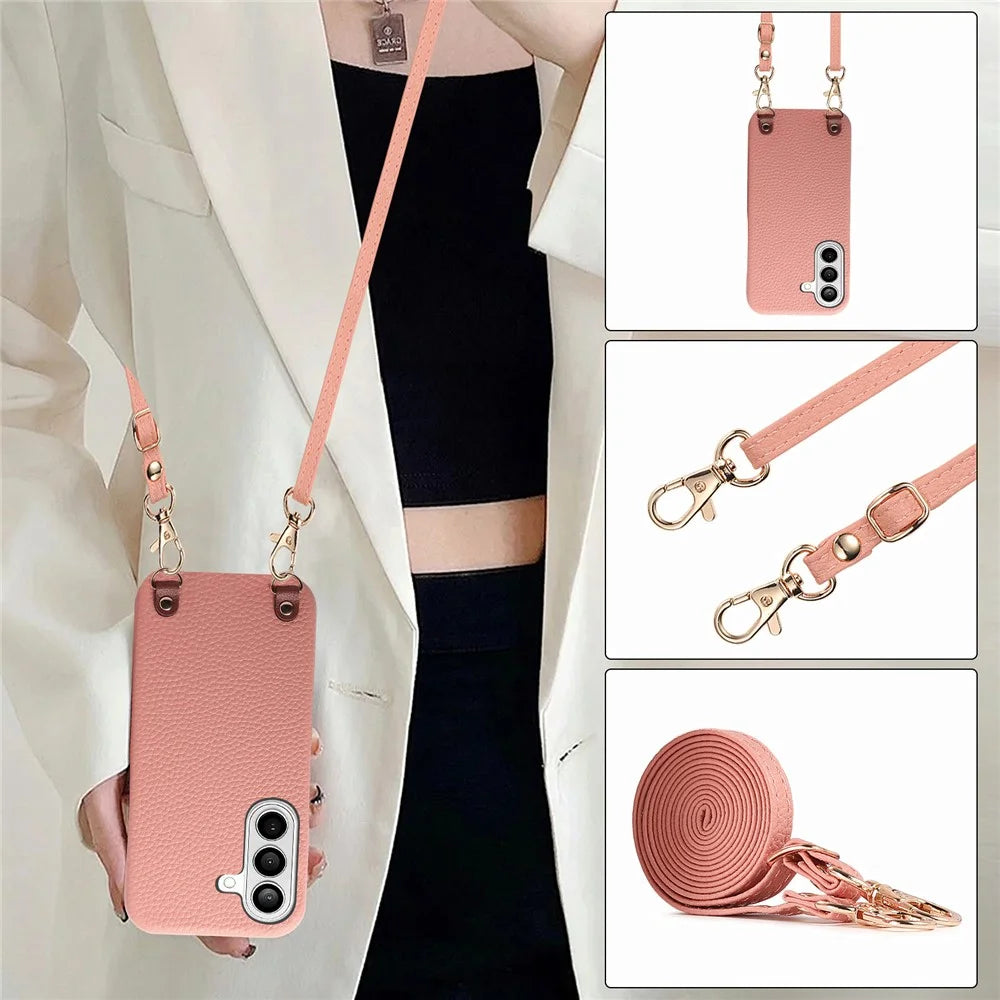 For Samsung Galaxy A26 5G Litchi Pattern Case with Lanyard Shockproof PC PU Leather Cover - Pink - 4