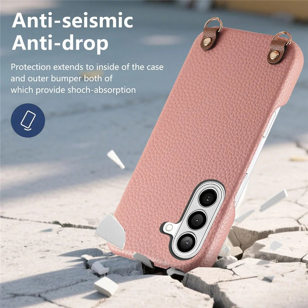 For Samsung Galaxy A26 5G Litchi Pattern Case with Lanyard Shockproof PC PU Leather Cover - Pink - 6