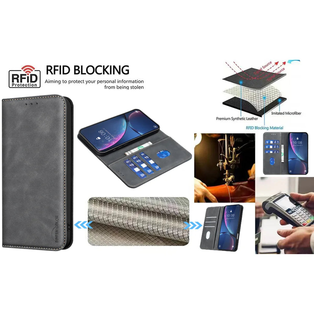 BINFEN COLOR for iPhone 18 Pro Max / 17 Pro Max RFID Blocking Calf Texture PU Leather Phone Cover - Black - 5
