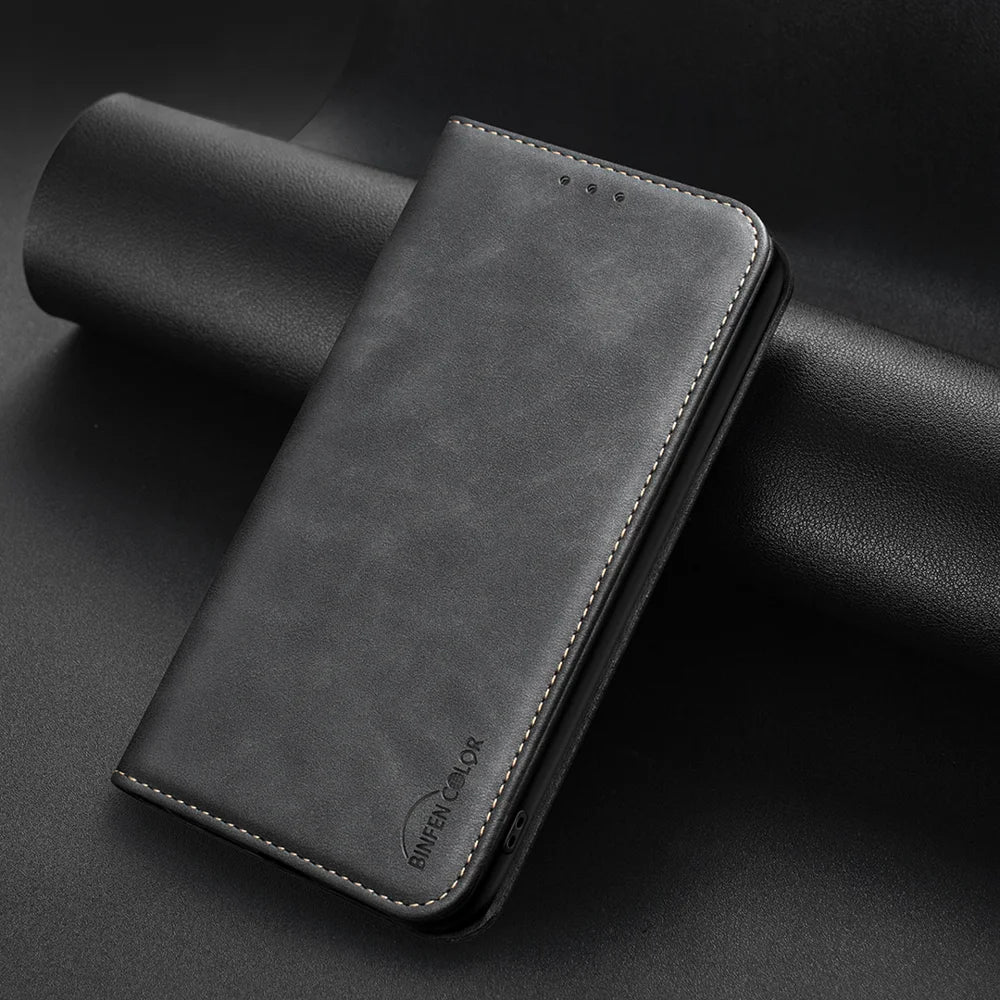 BINFEN COLOR for iPhone 17 RFID Blocking Calf Texture PU Leather Phone Cover - Black - 4