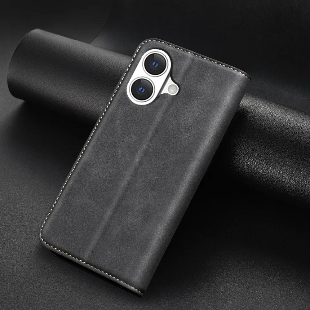 BINFEN COLOR for iPhone 17 RFID Blocking Calf Texture PU Leather Phone Cover - Black - 5