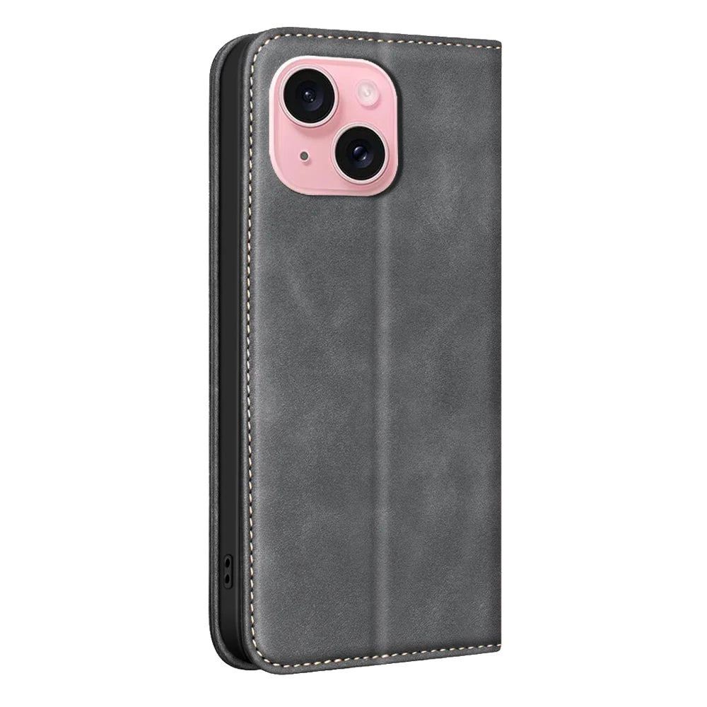 BINFEN COLOR for iPhone 13 / iPhone 14 RFID Blocking Calf Texture PU Leather Phone Cover - Black - 3